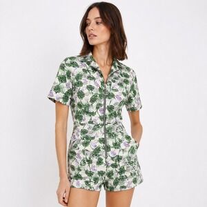 Maje Tropical Floral Zip Up Shorts Romper Women Size 36 Small Utility Playsuit